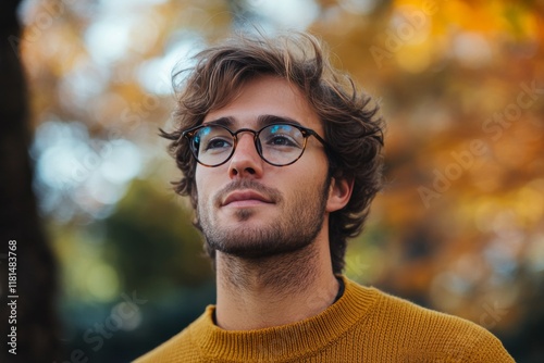 Young man enjoying a sunny autumn day surrounded by colorful leaves in a park