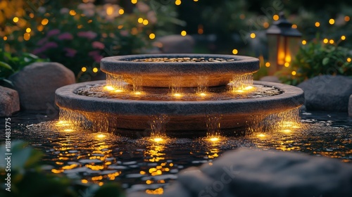 Enchanting illuminated fountain surrounded by lush greenery at twilight