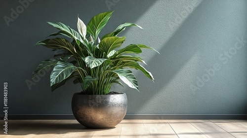 Indoor tropical plant in modern pot against textured gray wall, creating a se...