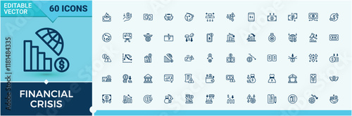 Financial Crisis linear icon collection. Contains related to risk, bankrupt, price, house, fall, inflation, diagram, economic. Set of line pictogram. Editable vector icon and illustration.