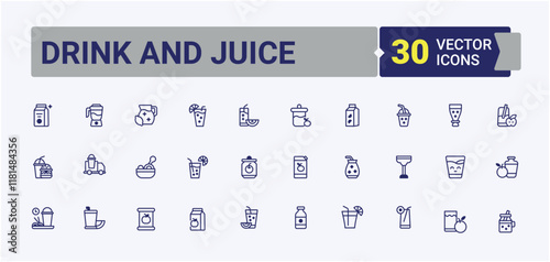 Drink And Juice line icons set. It contains symbols to food, bubble tea, lemon, soda, juice, milk, menu, party. Minimalistic icon. Editable vector outline and solid icons.