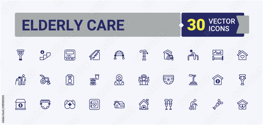 Elderly Care icons set in linear style. Includes thin line walk, medical, support, stick, wheelchair, health and more. Minimal icons. Solid line editable vector illustration. Elderly Care icons set in linear style. Includes thin line walk, medical, support, stick, wheelchair, health and more. Minimal icons. Solid line editable vector illustration.