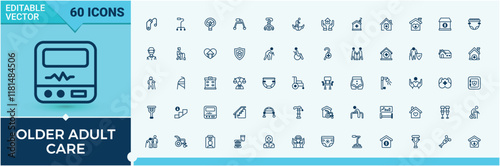 Older Adult Care icons set in linear style. Contains related to people, man, disable, grandfather, grandchild, disabled, home and more. Thin linear style icons. Editable vector icon and illustration.