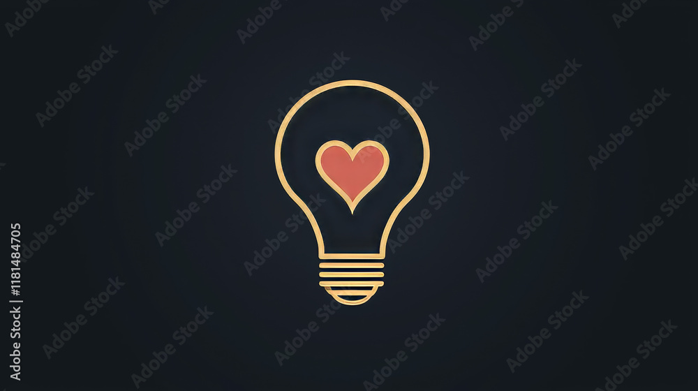 Minimalist Light Bulb Pictogram with Heart in Gold and Crimson on Black Background Minimalist Light Bulb Pictogram with Heart in Gold and Crimson on Black Background