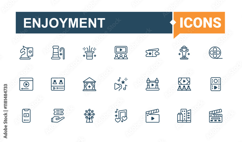 Set of Enjoyment line icons. Includes thin line diet, sport, holiday, video, entertainment, alcohol and more. Minimalistic icon. Outline and solid pictogram. Set of Enjoyment line icons. Includes thin line diet, sport, holiday, video, entertainment, alcohol and more. Minimalistic icon. Outline and solid pictogram.