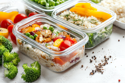 Healthy meal prep containers filled with rice, vegetables, and nuts on a light background, showcasing nutritious options for a balanced diet. photo