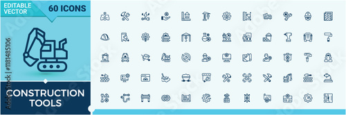 Construction Tools icon. It contains symbols to screw, equipment, build, engineer, work, hammer, electricity, industry. Set of line pictogram. Solid line editable stroke. Vector line and solid icons.