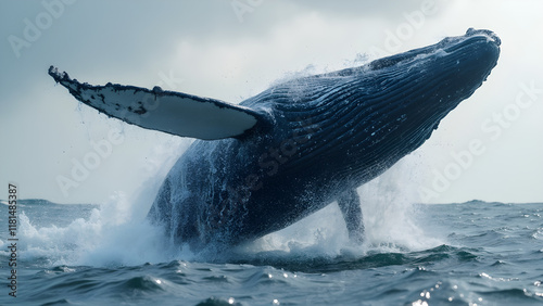 Majestic humpback whale breaching. Ultra realistic whale art. Stunning ocean wildlife imagery. Breathtaking nature photography. photo