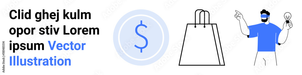 Character with light bulb and VR headset, dollar currency symbol, and shopping bag. Ideal for online shopping, e-commerce platforms, digital innovation, virtual reality, marketing, business strategy Character with light bulb and VR headset, dollar currency symbol, and shopping bag. Ideal for online shopping, e-commerce platforms, digital innovation, virtual reality, marketing, business strategy