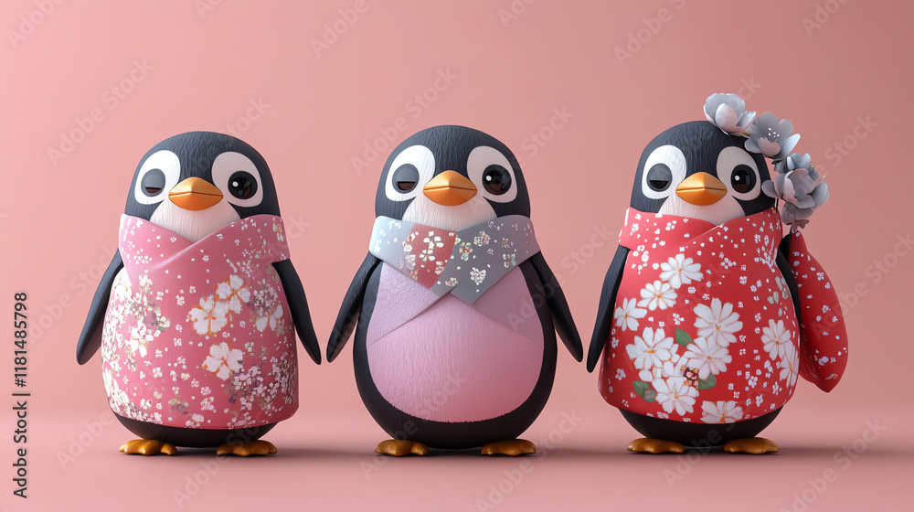 Fototapeta premium Three adorable penguins wearing colorful outfits, showcasing a playful and charming design on a soft pink background.
