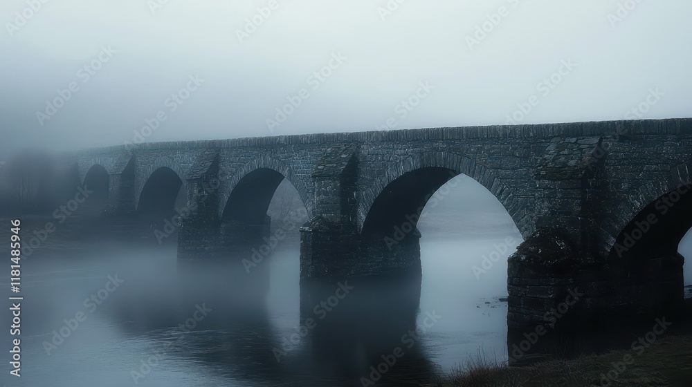 Fototapeta premium old stone bridge going over a river in fog, ancient bridge over the water
