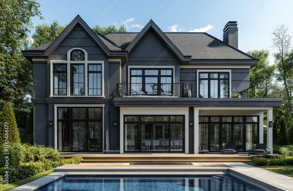 A large white house featuring a spacious swimming pool in the backyard A large white house featuring a spacious swimming pool in the backyard