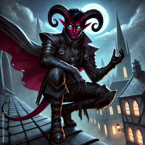 Demonic character with glowing green eyes and horns crouching on a rooftop. Gothic fantasy artwork featuring detailed armor, a flowing cape, and a moonlit medieval cityscape