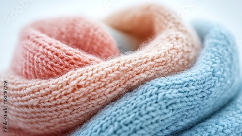 Closeup of a knitted scarf in soft pastel shades isolated on a white background highlighting its texture and detailed craftsmanship