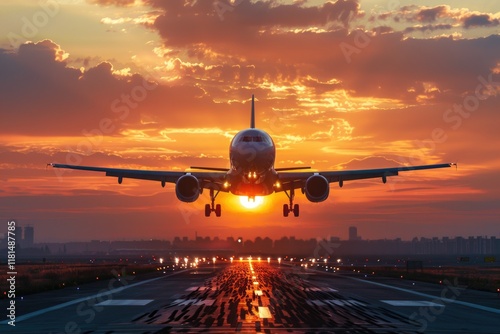 Airplane Landing at Sunset Airport Runway Photography Urban Landscape Aerial View photo