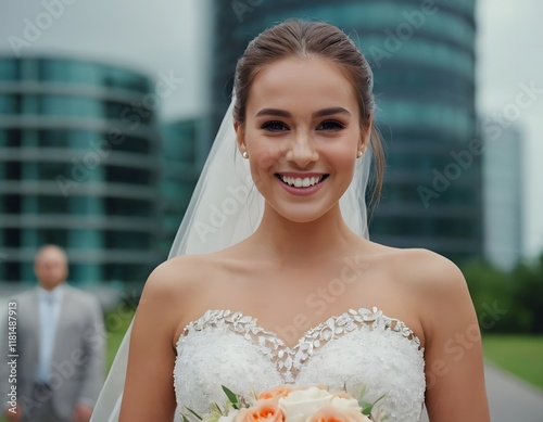 portrait of a young smiling beautiful glowing skin business woman bride in front of nature background closeup shot woman day concept