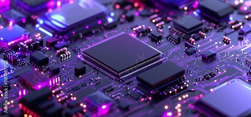 Close-up view of a circuit board with vibrant electronic components. photo