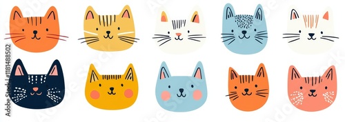 A set of colorful flat illustrations depicting funny cat animal heads. This collection includes cute kitten pets and a variety of domestic cats photo