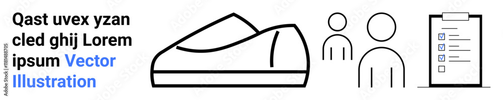 Black outline of a sneaker, two human figures, a checklist, and placeholder text. Ideal for fashion, sports, fitness, human resources, organizational tasks, efficiency, UIUX design. Landing page Black outline of a sneaker, two human figures, a checklist, and placeholder text. Ideal for fashion, sports, fitness, human resources, organizational tasks, efficiency, UIUX design. Landing page