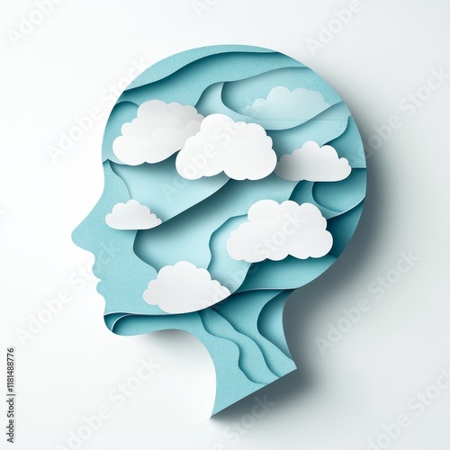 A detailed 3D paper cut of a man's head with black smoke inside. Silhouette illustrations of papercut people on an isolated background, conveying ideas related to toxic air pollution, smoking-related photo