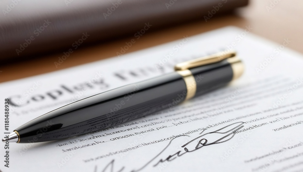 A pen rests on a signed document, symbolizing agreement or contract. A pen rests on a signed document, symbolizing agreement or contract.