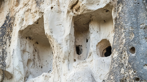 A close-up of Cappadocia's volcanic rock formations, showing intricate lines, cracks, and weathered textures