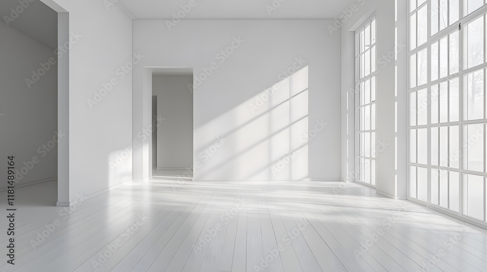 Fototapeta premium A blank white interior room background with empty walls and a white wood floor creates a contemporary feel.