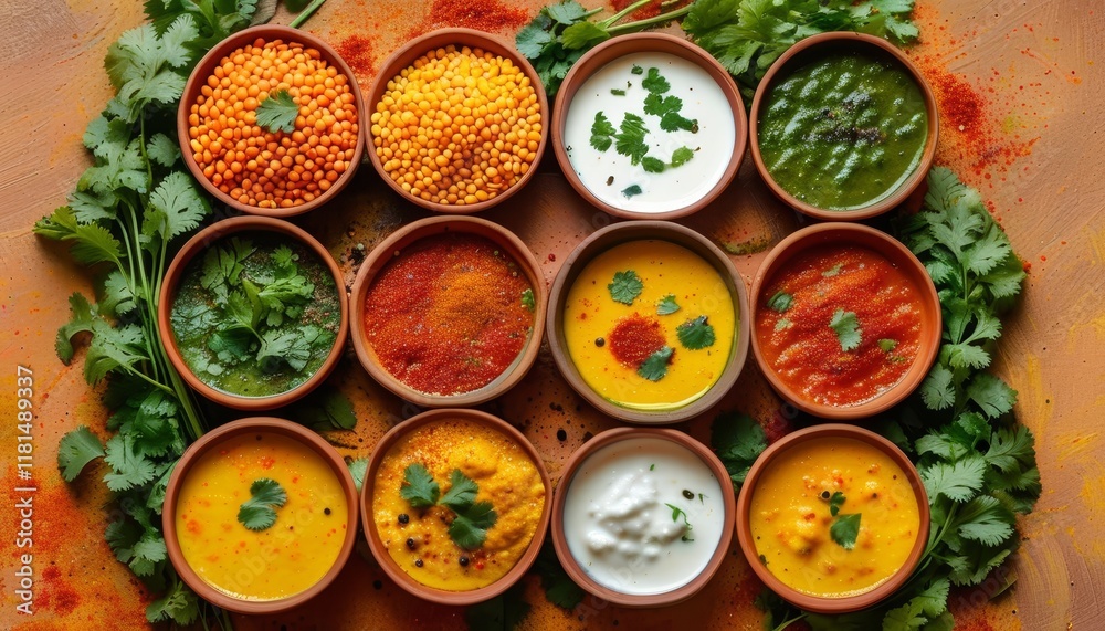 Colorful Indian Dal Tadka Bowls with Fresh Toppings and Herbs on Rustic Table Colorful Indian Dal Tadka Bowls with Fresh Toppings and Herbs on Rustic Table