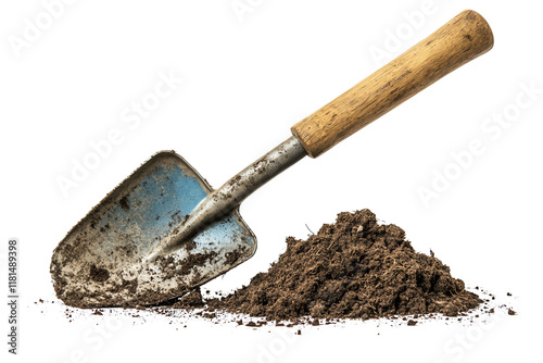 A garden shovel resting on a mound of fresh soil, ideal for planting and gardening activities.