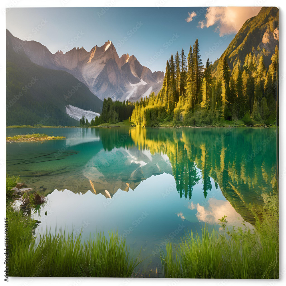 Naklejka premium Mountain lake with reflection of mountains in the water generated by ai