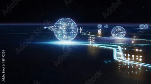Futuristic Cityscape: Network of glowing roads and data spheres