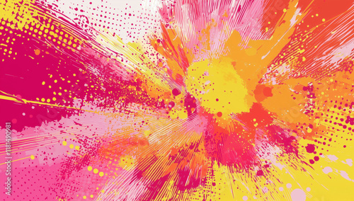 Pop art background vector with comic book explosion, halftone dots, pink and yellow color palette, pop colors, halo effect, vector graphic, flat design, simple design, high resolution 