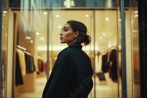 Side view of a beautiful woman standing in front of a clothing store in a shopping centre