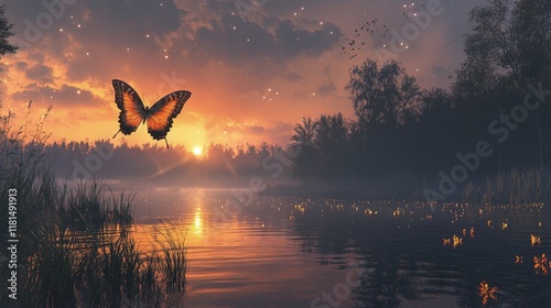 A single butterfly flying over a river at sunset. Calm water, bright light, nature, evening, tranquility, beauty. Generated by AI.