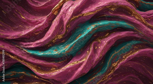 Abstract Swirling Marble: A mesmerizing abstract image of swirling pink and teal marble with glittering gold accents creates a visually captivating and artistic background. photo