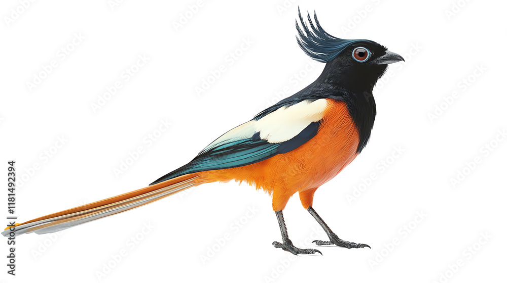 Obraz premium A vibrant bird with a striking orange and blue plumage, showcasing its unique crest against a white isolated background.
