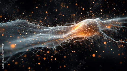 Closeup of neural cell axon dendrite glowing dark microscopic setting highlighting intricacy of neurobiology