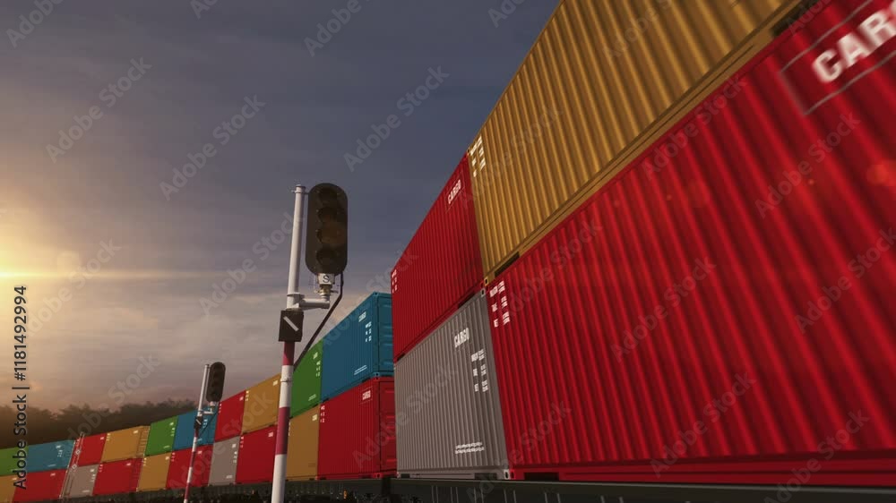 Cargo transport import export containers on a railway freight wagons loop. Business concept of train transport and shipping with a International trade. 3D loopable and seamless.