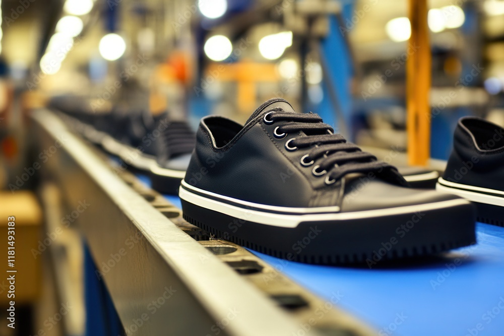 Shoes on Production Line with Focus on Soles and Uppers Shoes on Production Line with Focus on Soles and Uppers