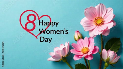 Happy Women's day celebration background with flowers on blue background. Top view