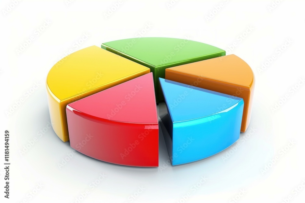 Obraz premium Shiny 3d pie chart divided into five colorful segments, visualizing data and market analysis on a clean white background