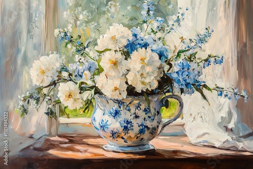 oil painting still life vase with a bouquet of flowers forget me nots
