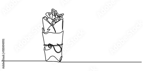 Tortilla roll Drawing, Single continuous line drawing burritos wrapped in rolls of paper and string. Meals to take home. Savory meat dishes. Eat with family. Yummy. National Burrito Day. One line pro.