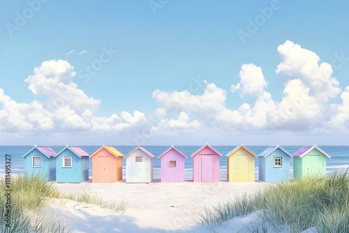 Vibrant Pastel Beach Huts: A Serene Coastal Scene of Nostalgia and Tranquility photo