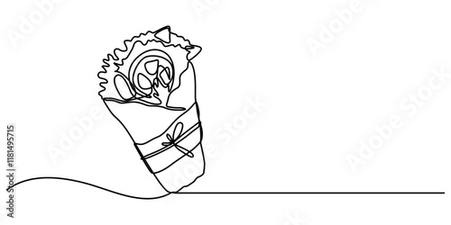 Tortilla roll Drawing, Single continuous line drawing burritos wrapped in rolls of paper and string. Meals to take home. Savory meat dishes. Eat with family. Yummy. National Burrito Day. One line pro.