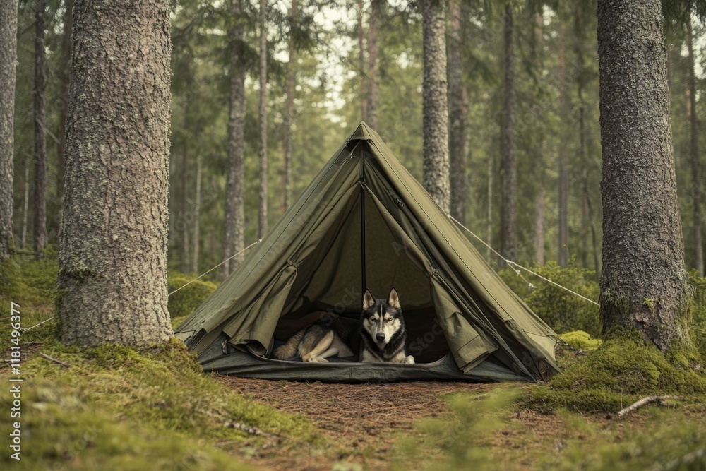 Husky relaxing inside green camping tent in serene forest setting Husky relaxing inside green camping tent in serene forest setting