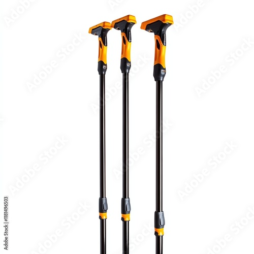 Set of three trekking poles, black and orange, on a white isolated background. photo