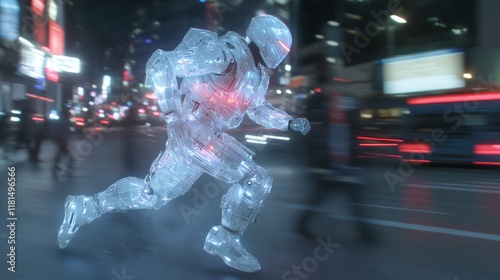 Futuristic Robotic Exosuit Sprinting Through Cyberpunk City 10 photo