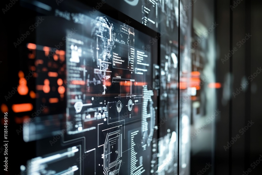 Digital displays show glowing data streams. Digital displays show glowing data streams.