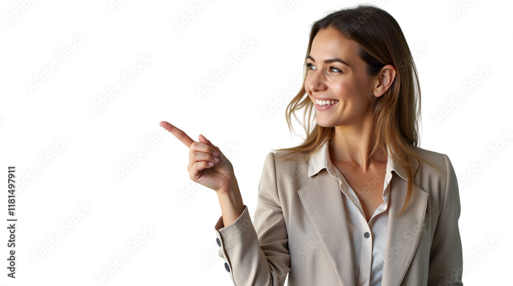 Confident Businesswoman Pointing to the Left Isolated on a Transparent Background (PNG). Confident Businesswoman Pointing to the Left Isolated on a Transparent Background (PNG).